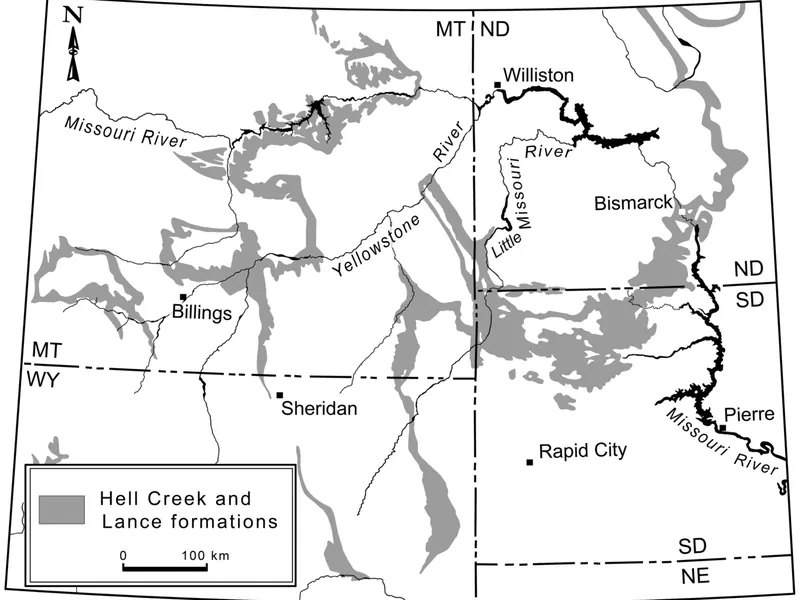 A map of the northern Great Plains with patches showing where Hell Creek and Lance rocks are exposed