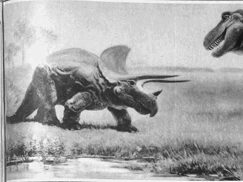 A black and white painting of a Tyrannosaurus facing a Triceratops on open ground