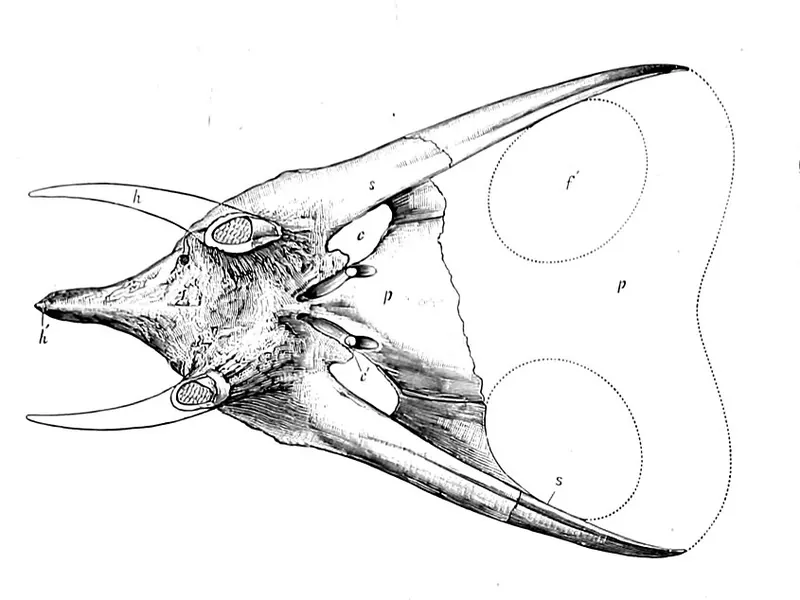 Two old drawings of horned dinosaur skulls from above, each with a long frill pierced by two large holes